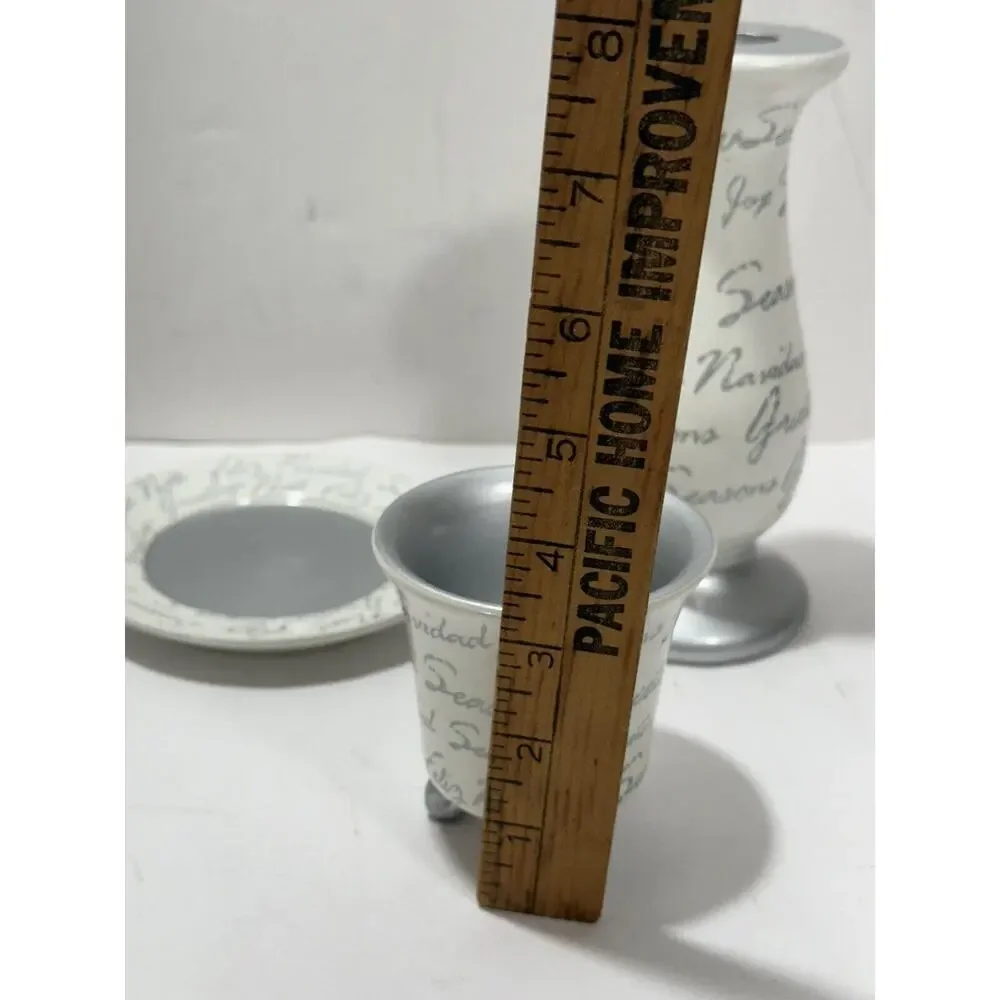 3 Piece Set Candle Holder Cup And‎ Plate Writing Seasons Greetings White Ceramic
